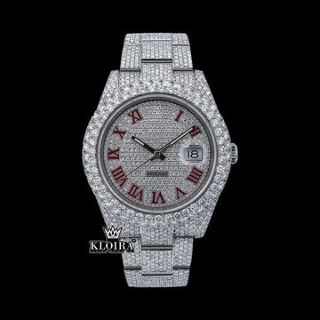 Full Bust Down Red Roman Numerals Moissanite Diamond  Watch Front View
