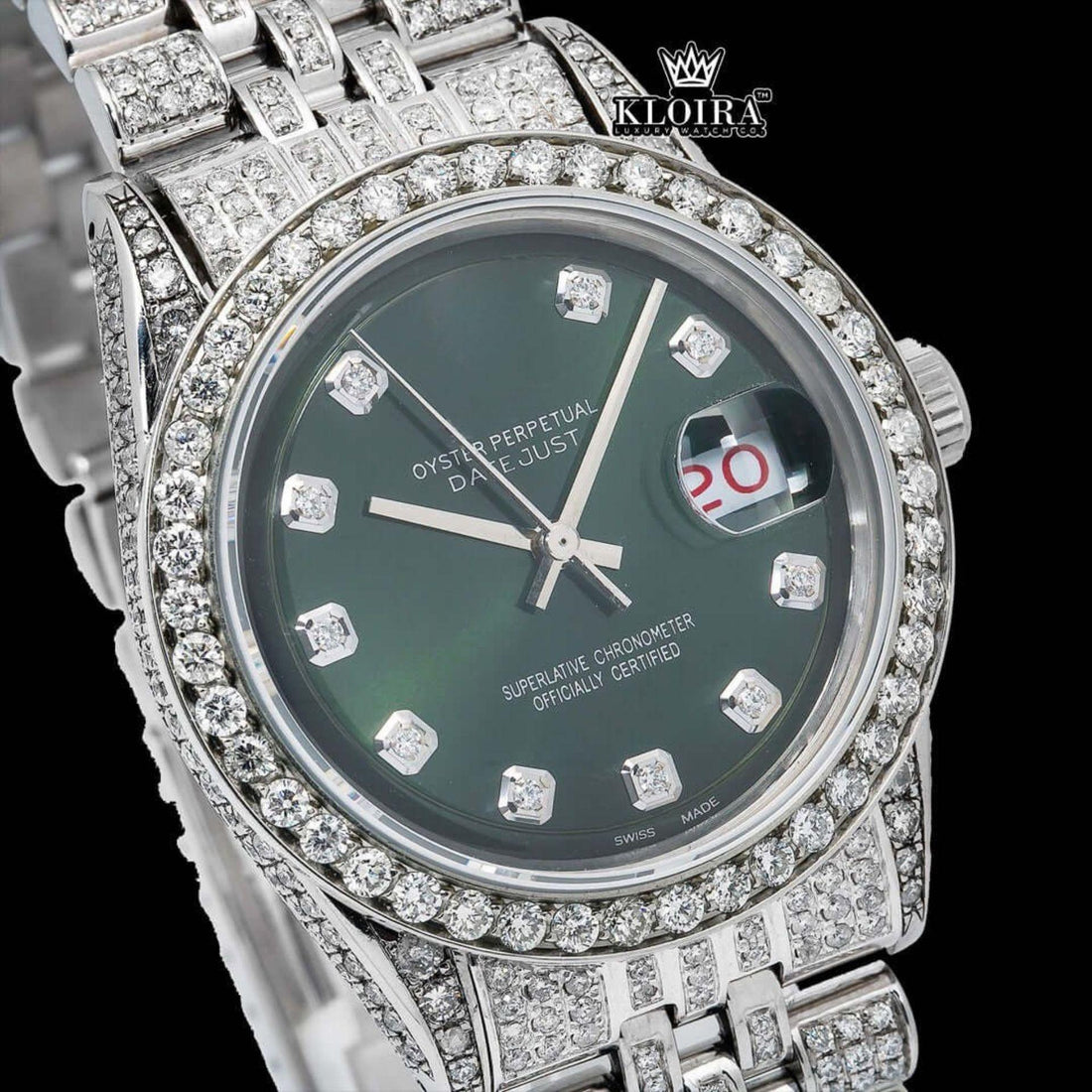 Fully Iced Out Diamond Markers Green Dial Moissanite Diamond Watch Front View
