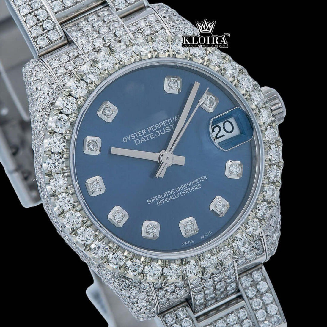 Fully Iced Out Diamond markers Blue Dial Moissanite Watch Front View