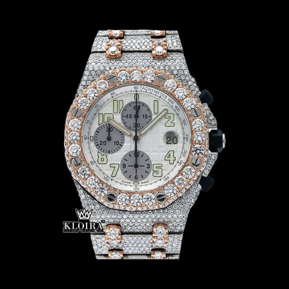 Fully Iced Out Dual Tone Moissanite Chronograph Diamond Watch  Front View
