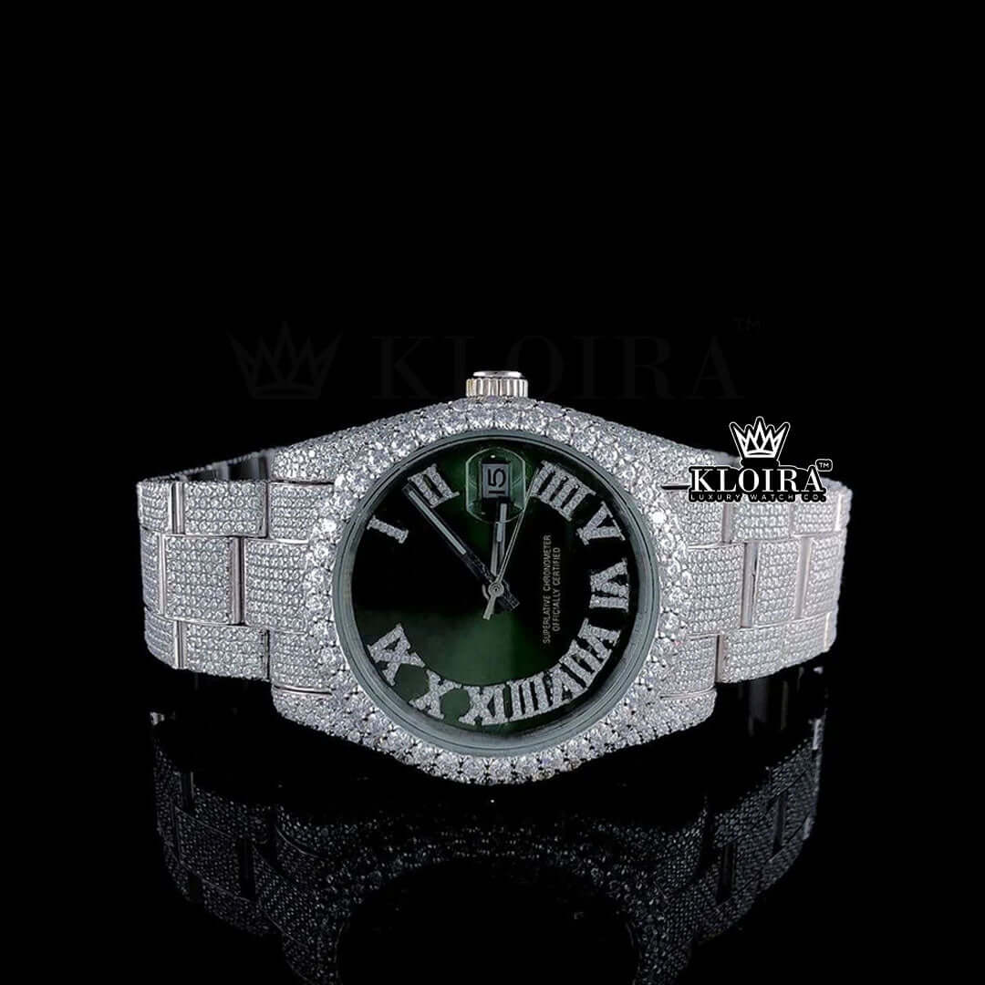 Fully Iced Out Green Dial Roman Numerals Moissanite Watch Front View