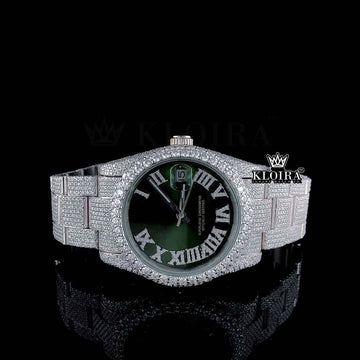 Fully Iced Out Green Dial Roman Numerals Moissanite Watch Front View