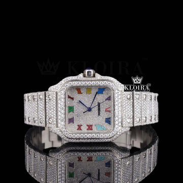 Fully Iced Out Rainbow Roman Numerals Moissanite Diamond Watch Front View