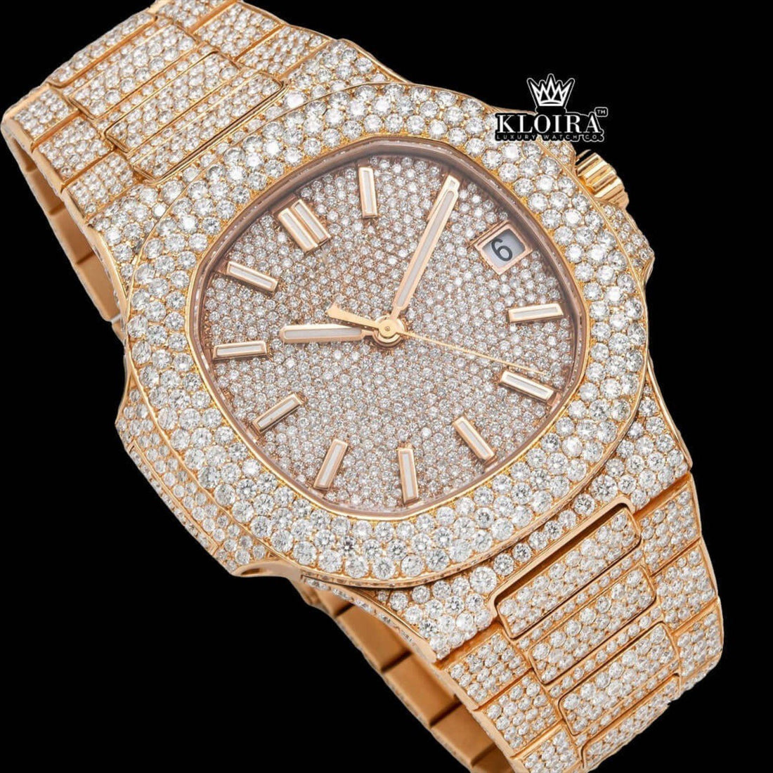 Fully Iced Out Rose Gold Stick Markers Moissanite Diamond Watch Front View