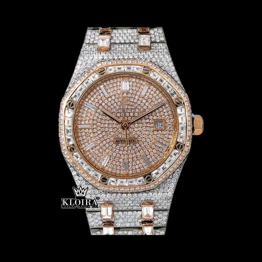 Fully Iced Out Two Tone Rose Gold Moissanite Diamond Baguette Watch Front View