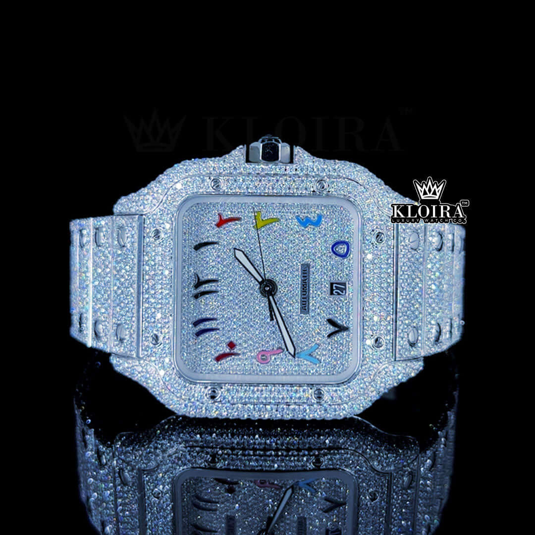 Fully Iced Out White Dial Rainbow Arabic Numerals Moissanite Watch Front View