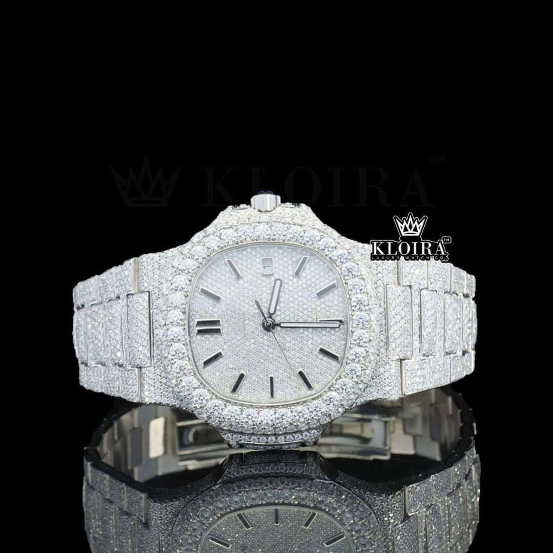 Fully Iced Out White Dial Stick Markers Moissanite Watch Front View