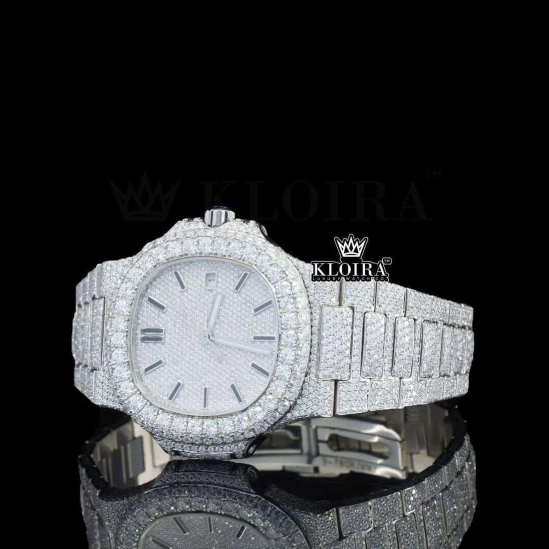 Fully Iced Out White Dial Stick Markers Moissanite Watch Front View