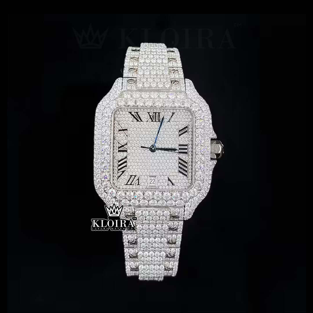 Fully Iced Out White Roman Dial Block Link Strap Moissanite Watch Front View
