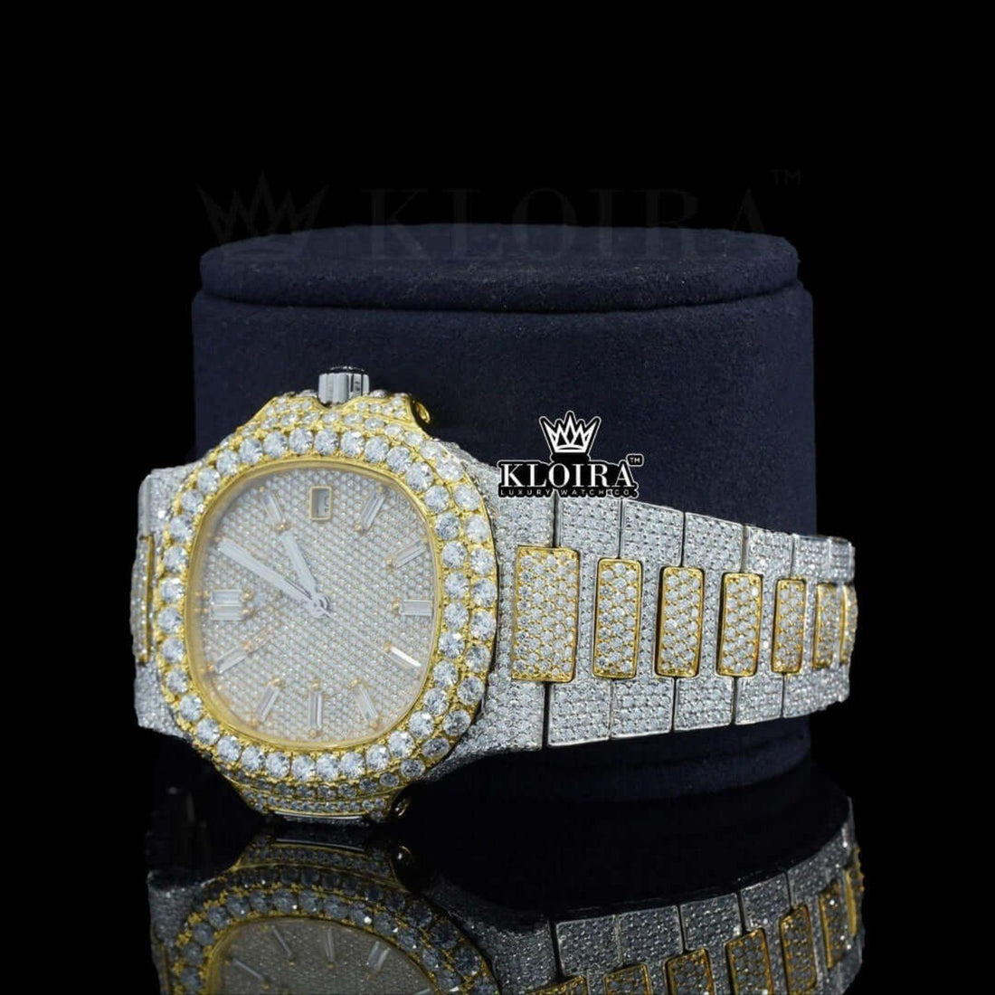 Fully Iced Out Yellow Dial Diamond Markers Natural Diamond Watch Front View