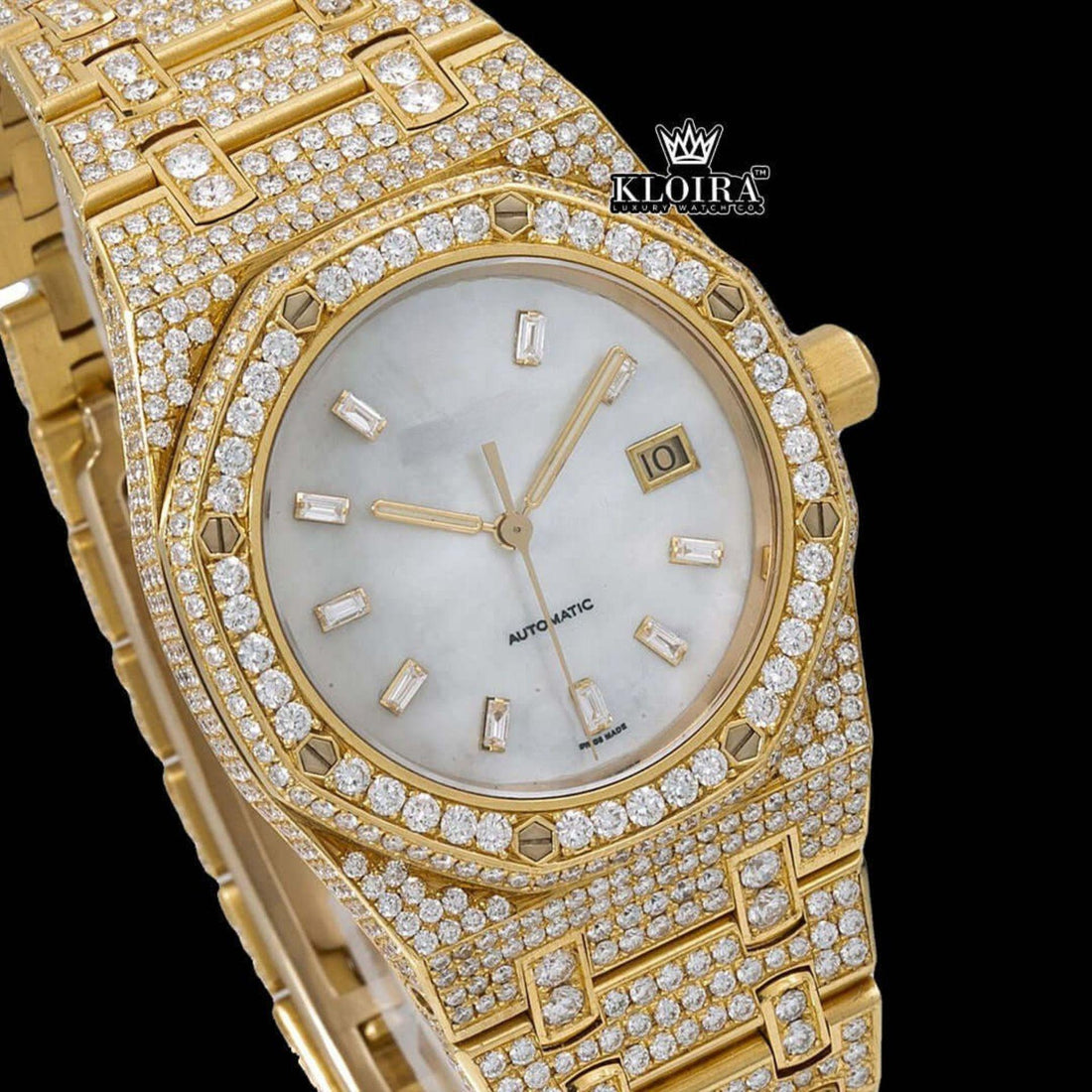 Fully Iced Out Yellow Gold White Dial Diamond Markers Moissanite Watch Front View