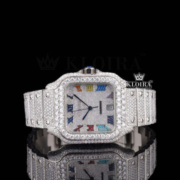 Fully Iced Rainbow Roman Numerals White Dial Moissanite Diamonds Watch Front View