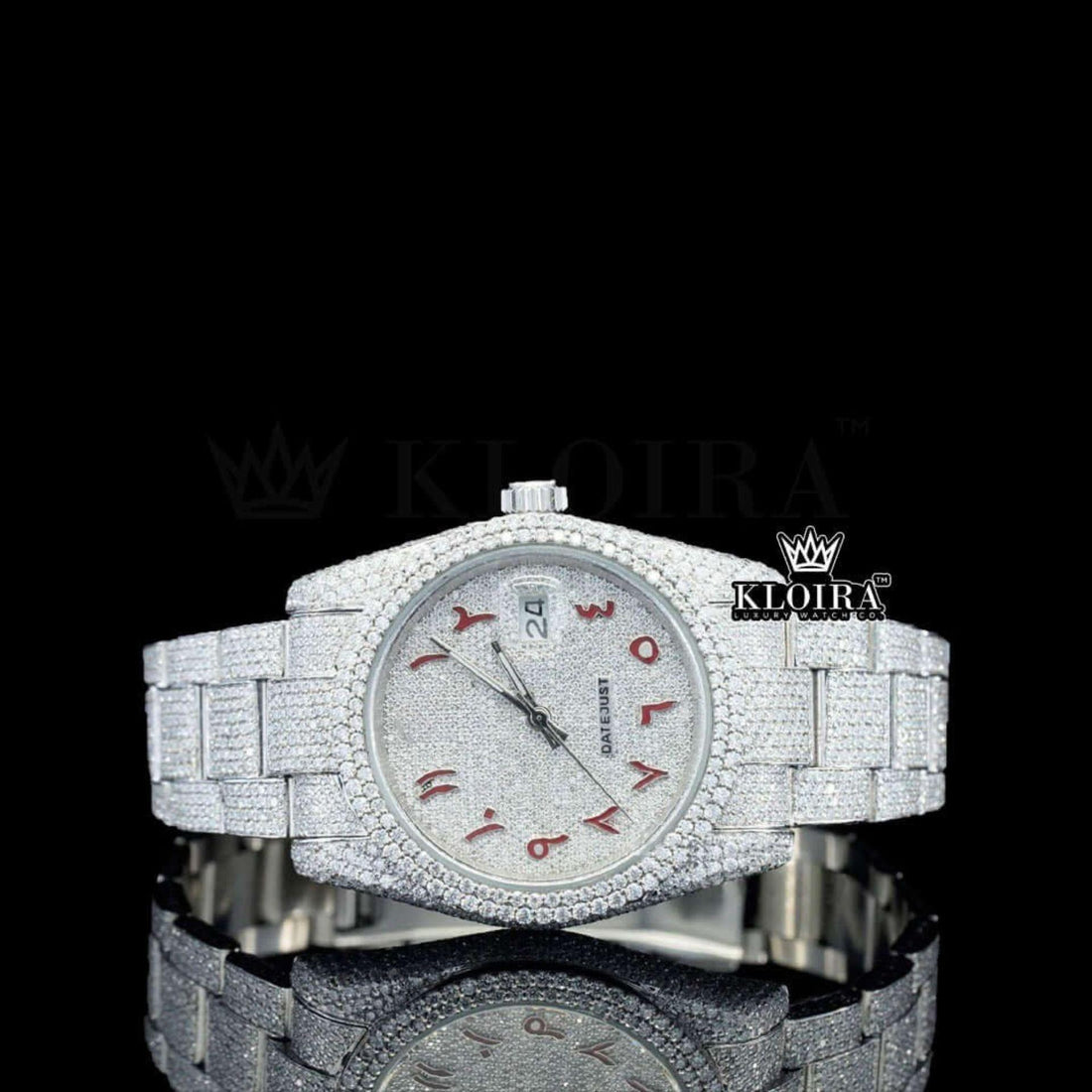 Fully Iced Red Arabic Numerals White Dial Lab-Grown Diamond Watch Front View