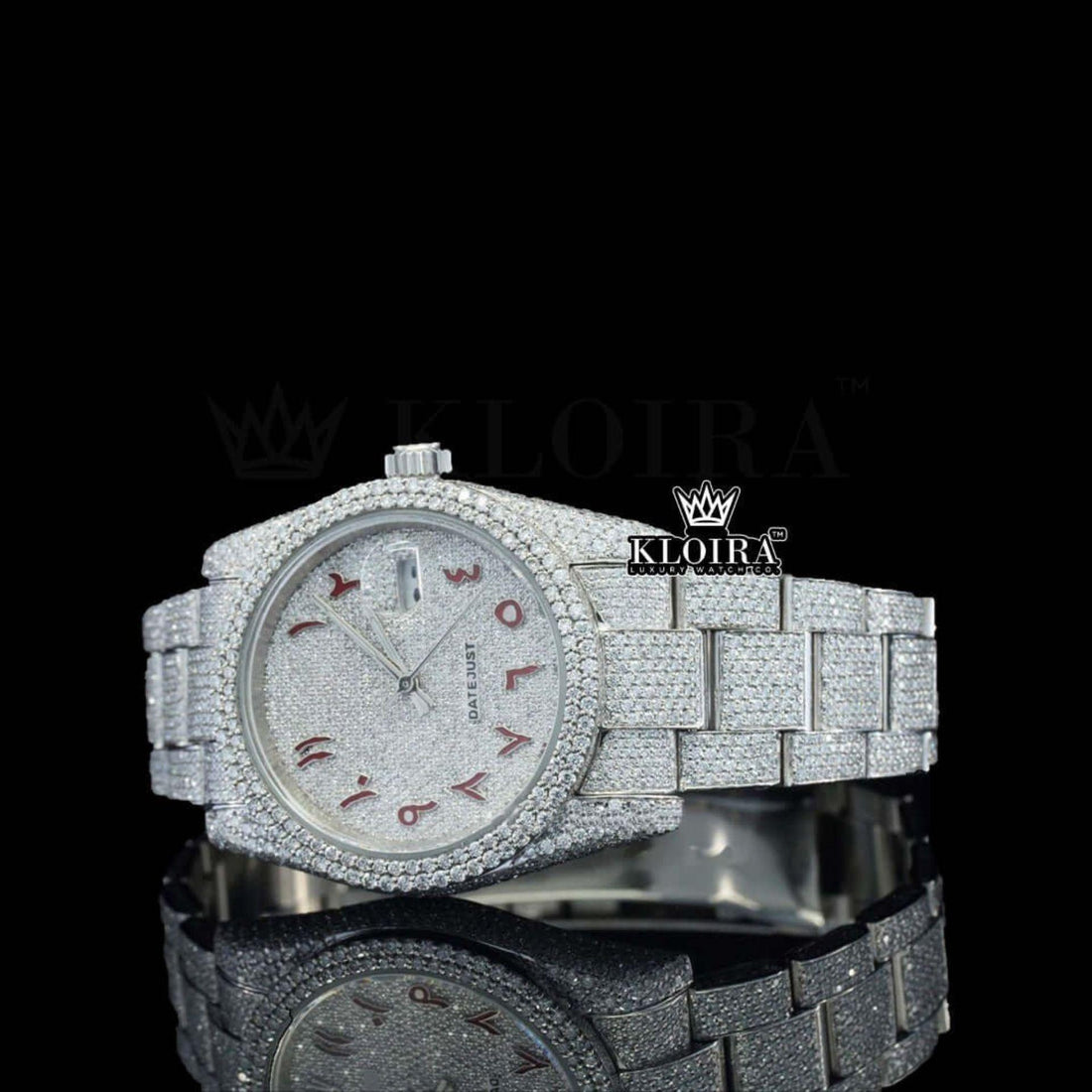 Fully Iced Red Arabic Numerals White Dial Lab-Grown Diamond Watch Front View