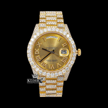 Gold Roman Numeral Watch Moissanite Diamond 14K Gold VVS 20 Carat 42mm Front View