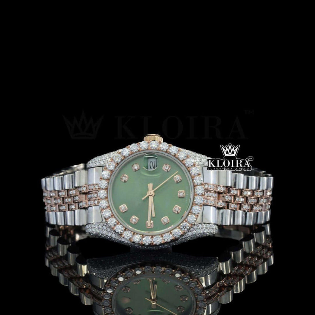 Green Dial Two Tone Rose Silver Moissanite Diamond Watch Front View