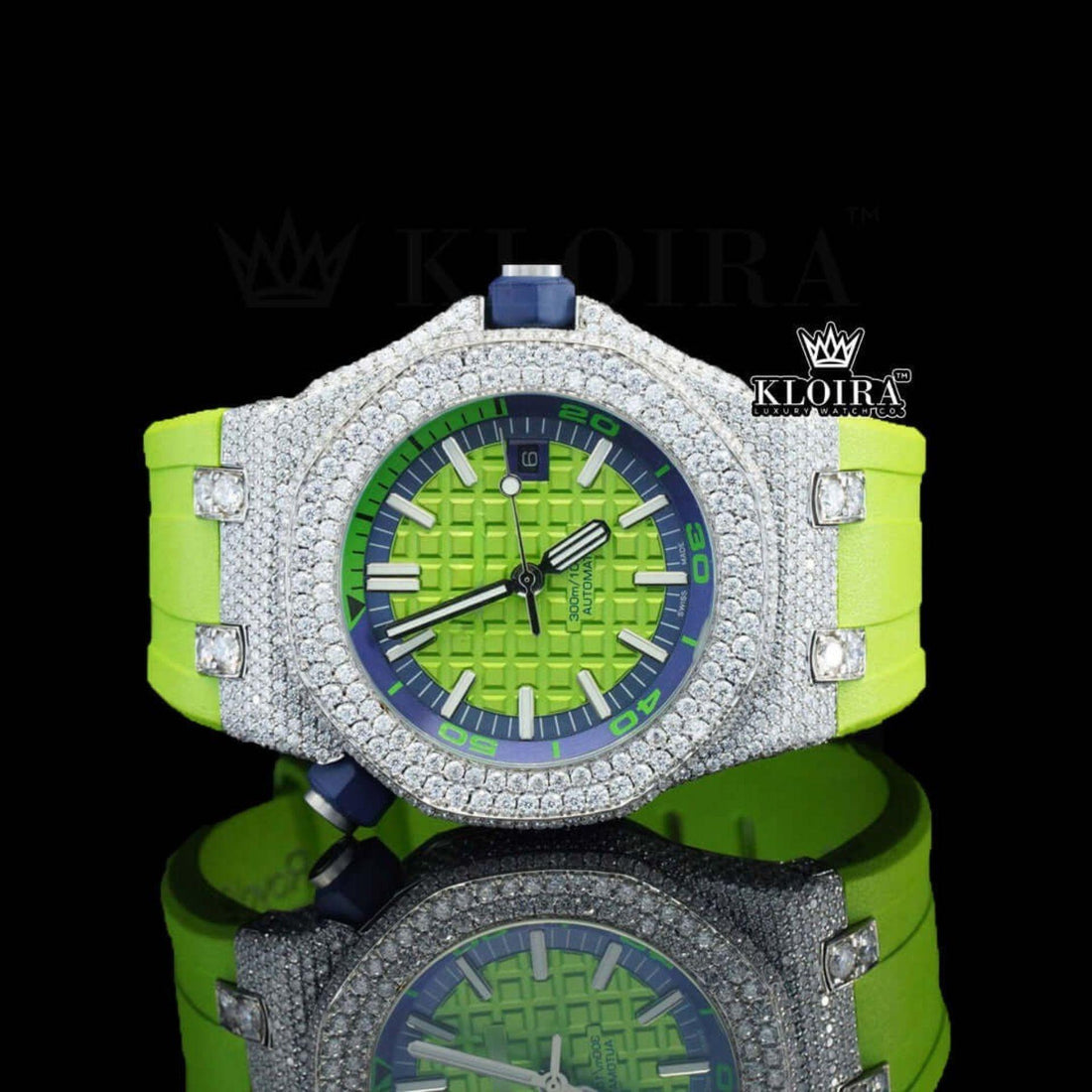 Green Dial White Stick Markers Semi Iced Out Moissanite Diamond Watch Front View