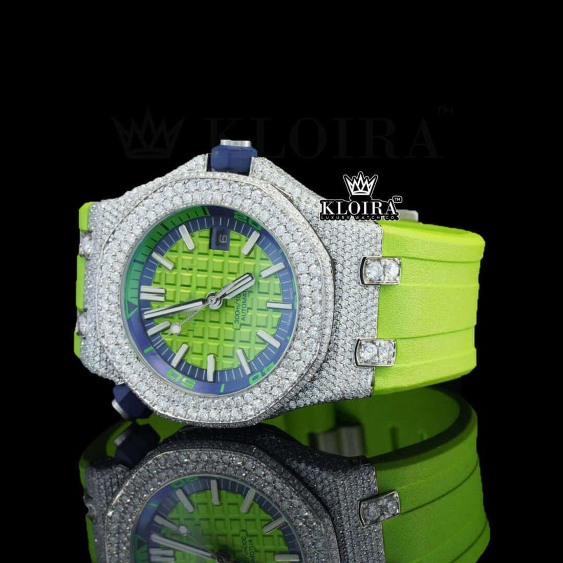 Green Dial White Stick Markers Semi Iced Out Moissanite Diamond Watch Front View
