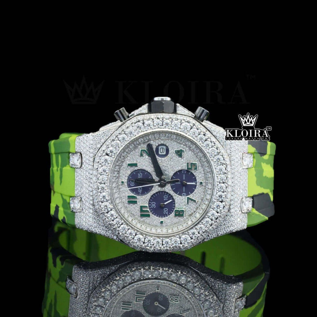 Green Rubber Strap Silver Dial Iced Out Moissanite Diamond Watch Front View