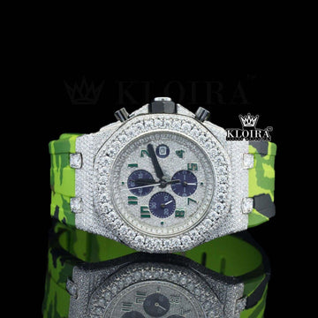 Green Rubber Strap Silver Dial Iced Out Moissanite Diamond Watch Front View