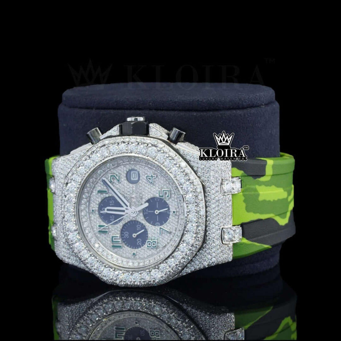 Green Rubber Strap Silver Dial Iced Out Moissanite Diamond Watch Front View