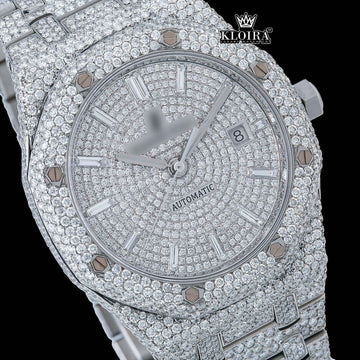 Closeup angled view of iced out AP watch featuring moissanite dial and fully iced strap