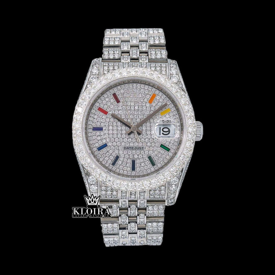 Iced Out White Dial Rainbow Stick Markers Moissanite Diamond Watch Front View