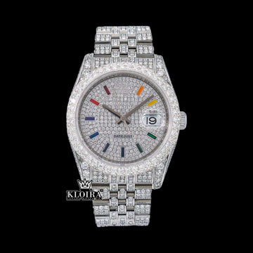 Iced Out White Dial Rainbow Stick Markers Moissanite Diamond Watch Front View