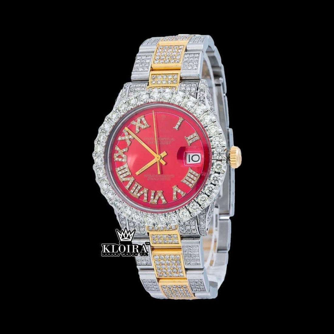Iced Out Yellow Roman Numerals Two Tone Red Dial Watch Moissanite Watch Front View