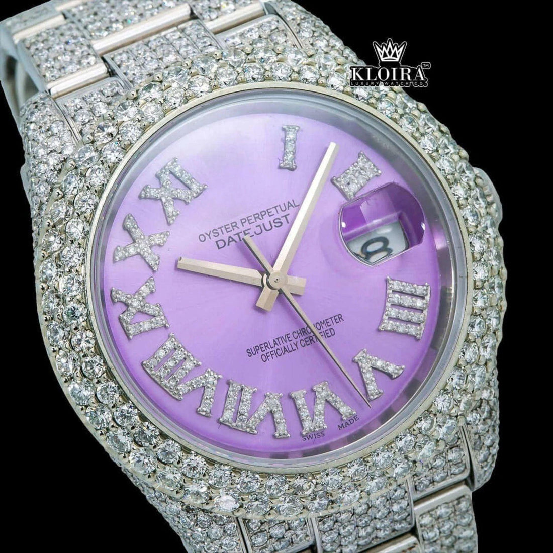 Lavender Dial Roman Numerals Iced Out Moissanite Diamond Watch Front View