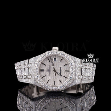 Bust Down AP Lab-Grown Diamond Watch with silver-tone case and bracelet, featuring sparkling diamonds and a classic design.
