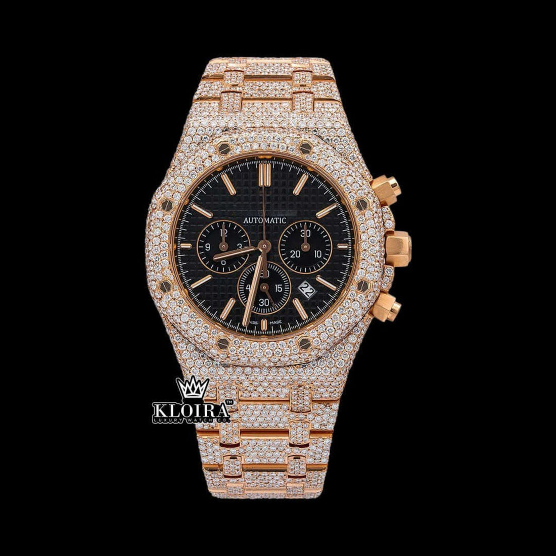 Men's Rose Gold Black Dial Iced Out Moissanite Diamond Watch Front View