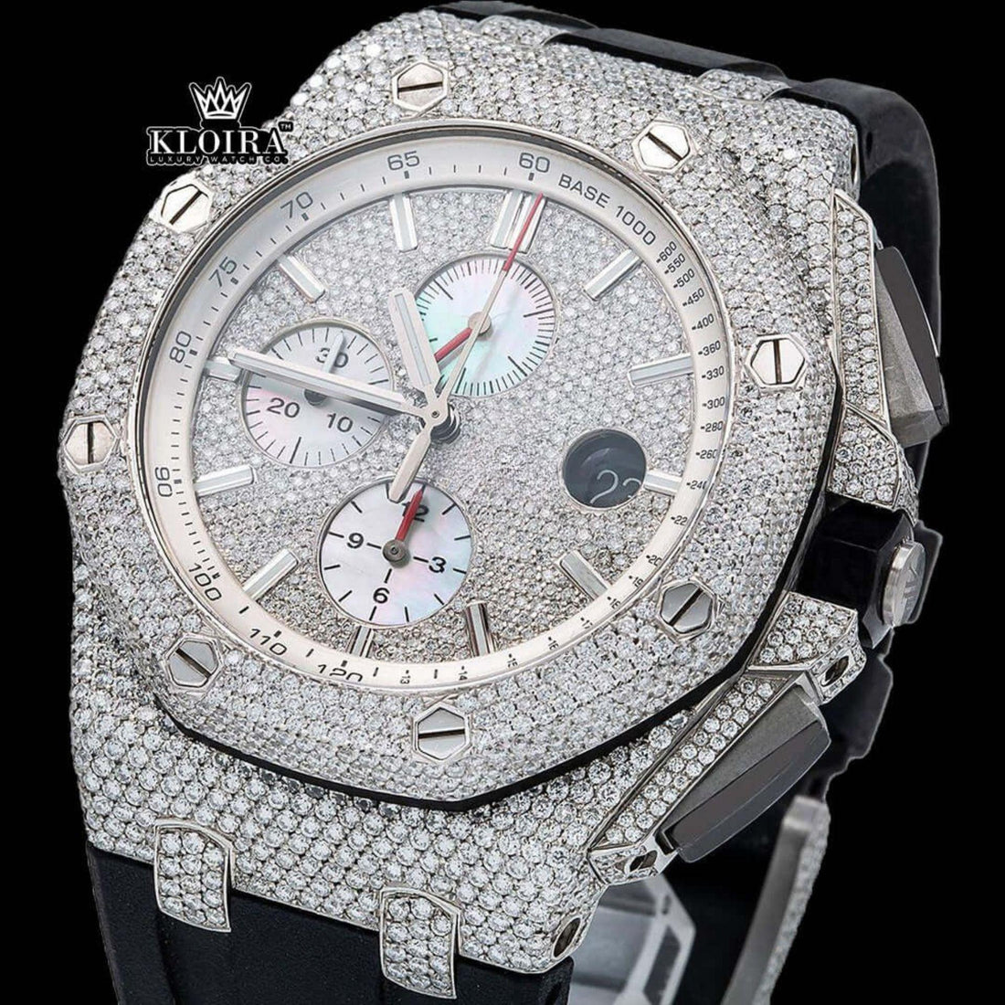 Men's Silver Iced Out Rubber Strap Moissanite Diamond Watch Front View