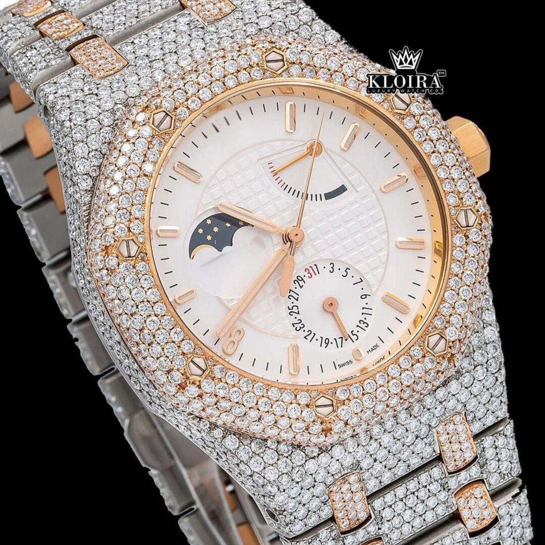 Moonphase White Dial Stick Markers Two Tone Iced Out Moissanite Watch Front View