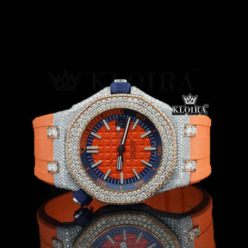 Orange Dial Stick Markers Orange Rubber Strap Moissanite Diamond Watch Front View