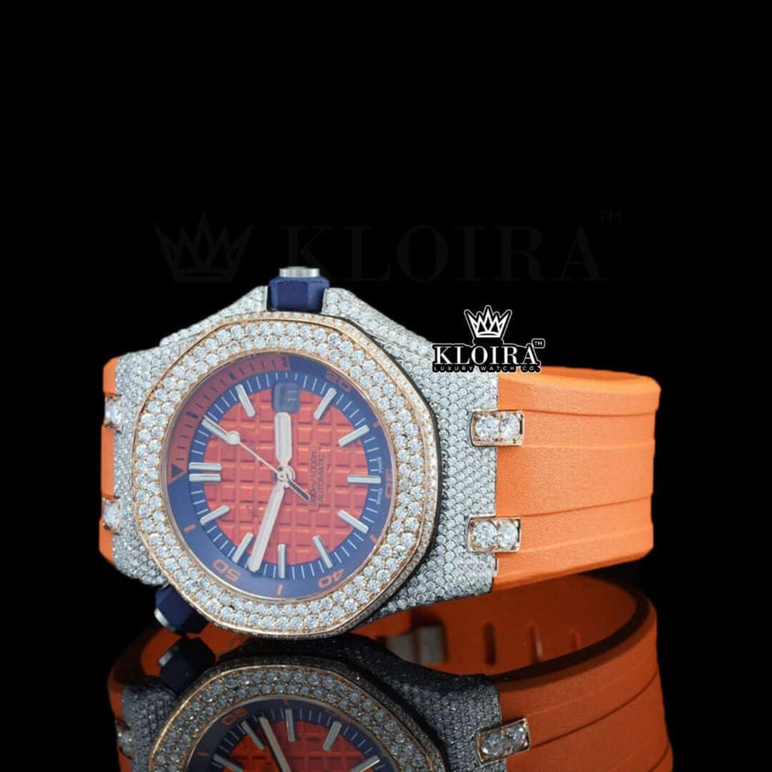 Orange Dial Stick Markers Orange Rubber Strap Moissanite Diamond Watch Front View
