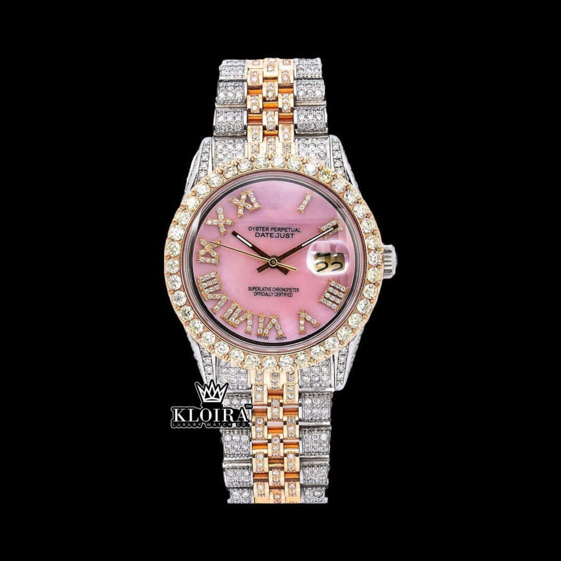 Pink Roman Dial Two Tone Iced Out Moissanite Watch Front View