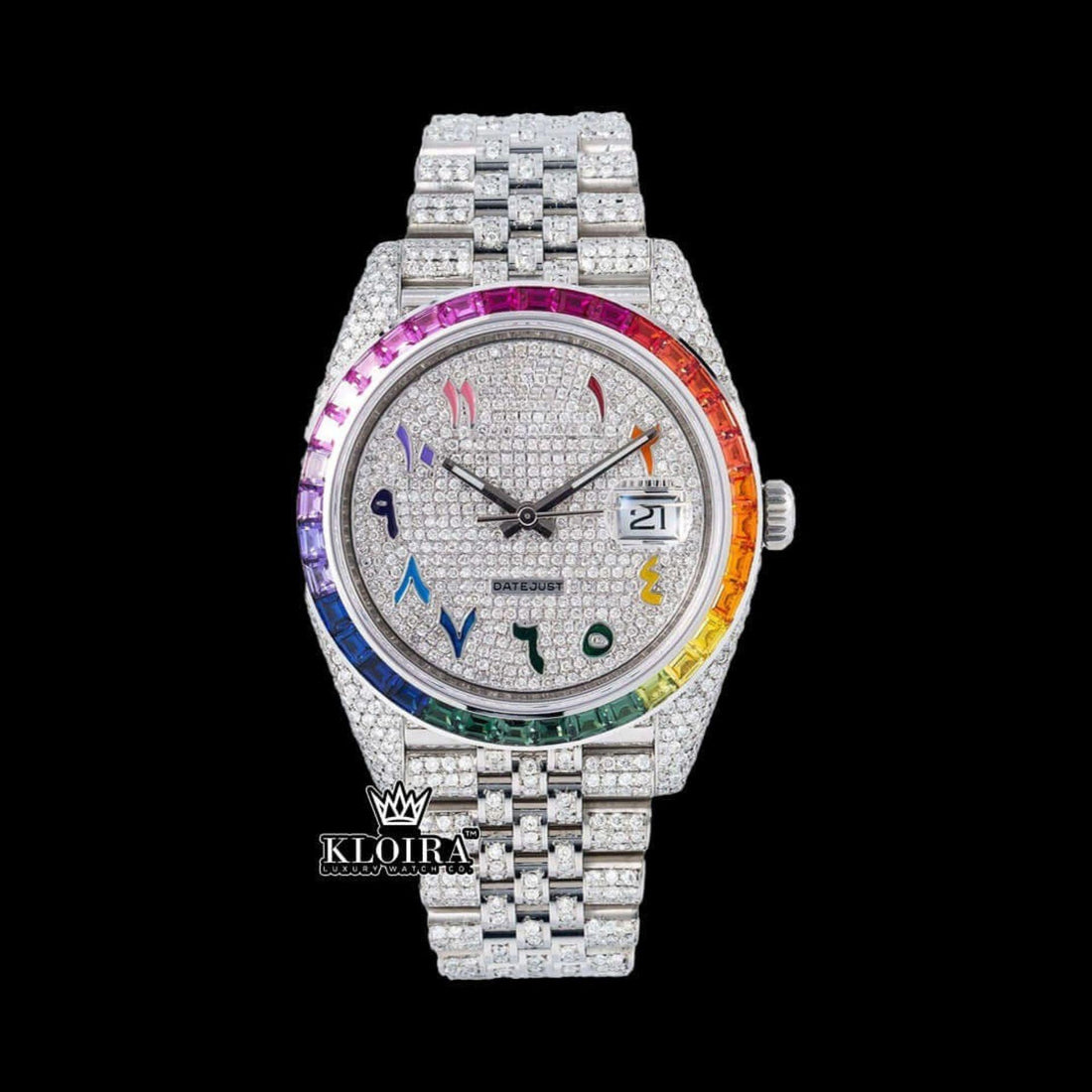 Rainbow Bezel Arabic Numerals Iced Out Moissanite Diamond Watch Front View