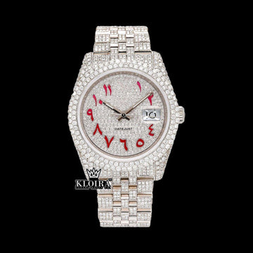 Red Arabic Numerals Fully Iced Out Moissanite Diamond Watch Front View