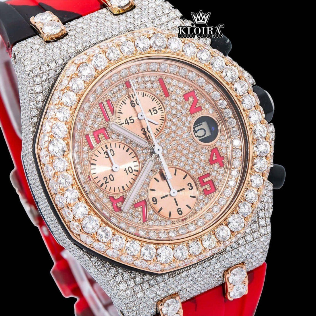Red Camouflage Strap Rose Gold Chronograph Dial Moissanite Watch Front View