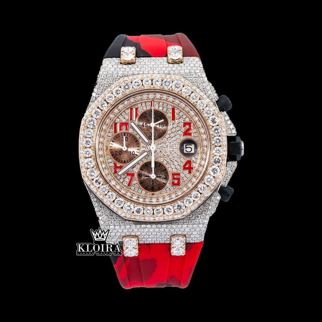 Red Camouflage Strap Rose Gold Chronograph Dial Moissanite Watch Front View