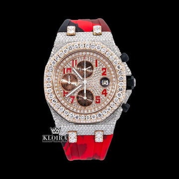 Red Camouflage Strap Rose Gold Chronograph Dial Moissanite Watch Front View