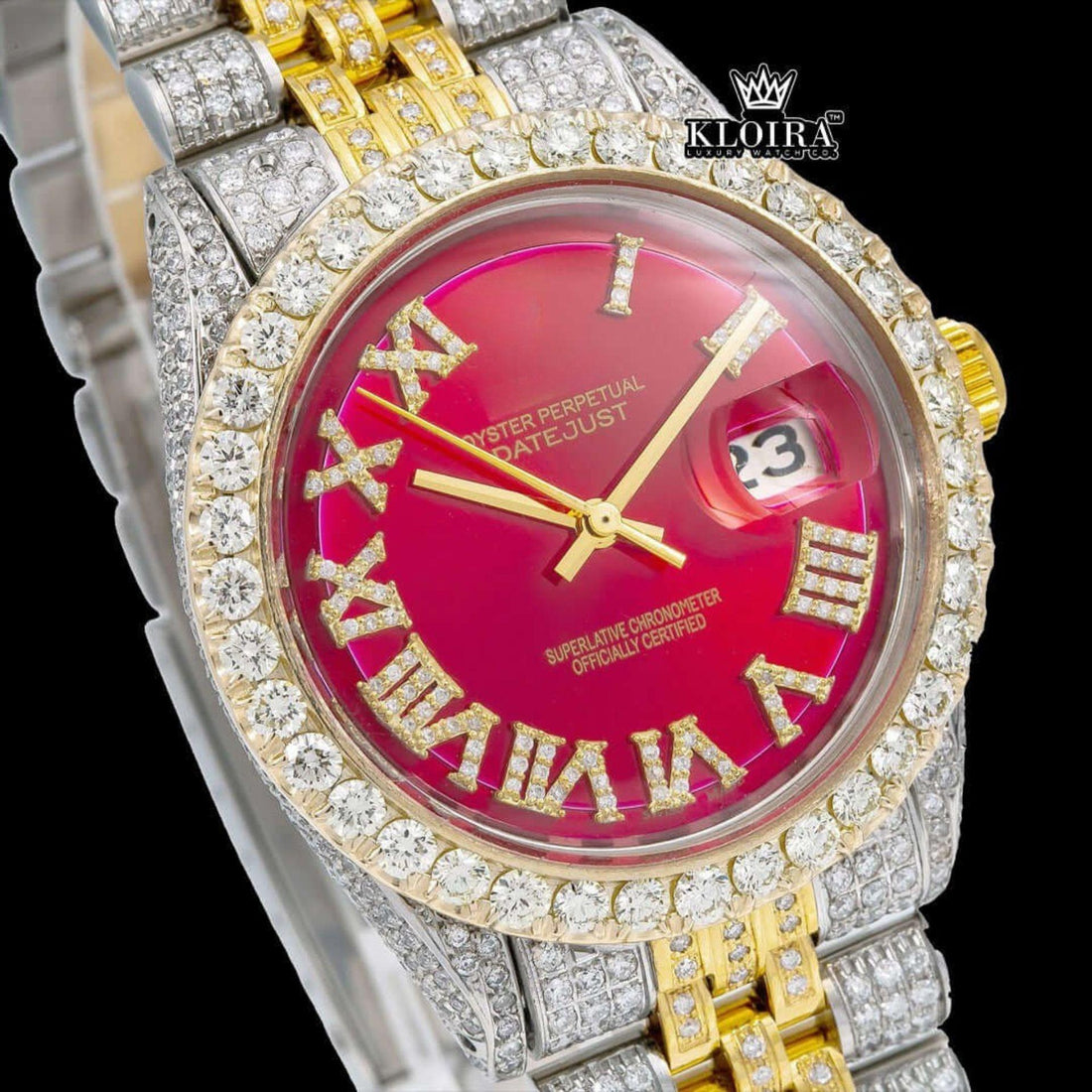 Red Dial Roman Numerals Two Tone Yellow Gold Iced Out Moissanite Watch Front View