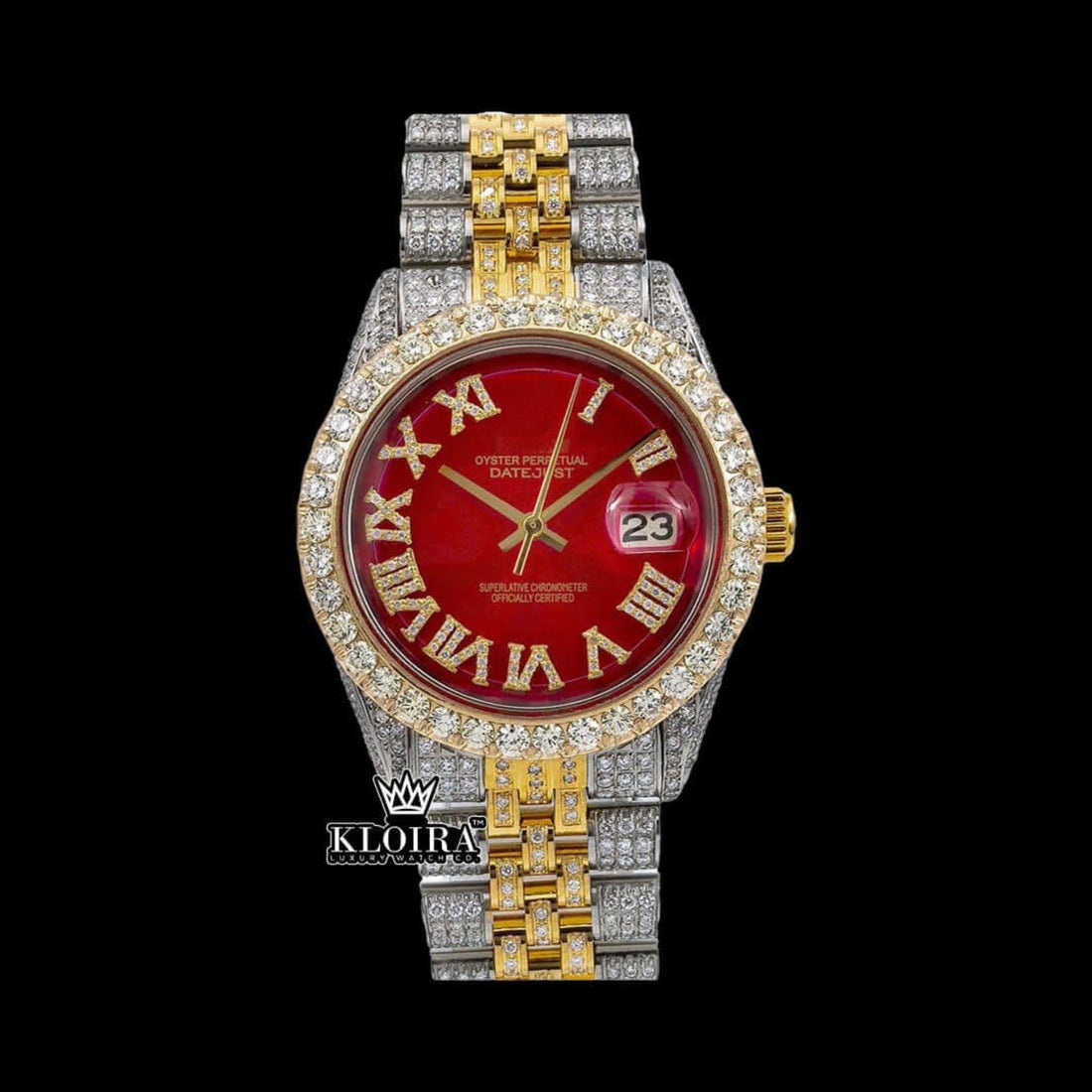 Red Dial Roman Numerals Two Tone Yellow Gold Iced Out Moissanite Watch Front View