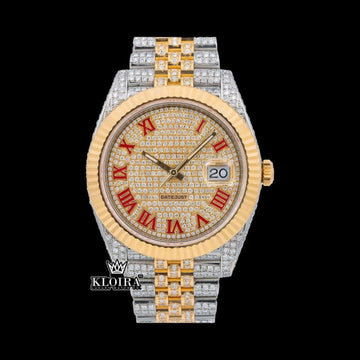 Red Roman Numerals Two Tone Iced Out Moissanite Diamond Watch Front View