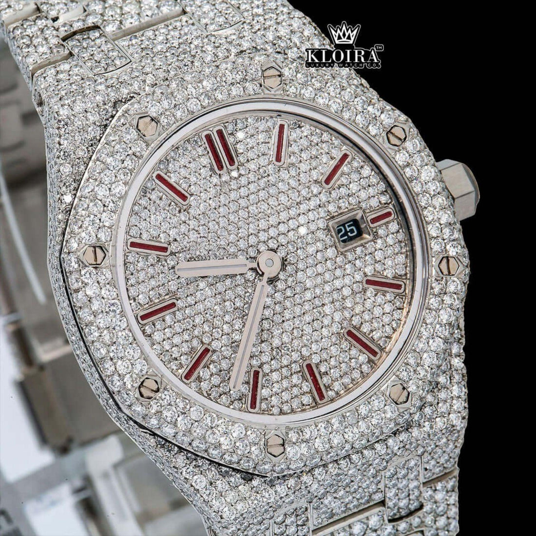 Red Stick Markers White Dial Fully Iced Out Moissanite Diamonds Watch Front View