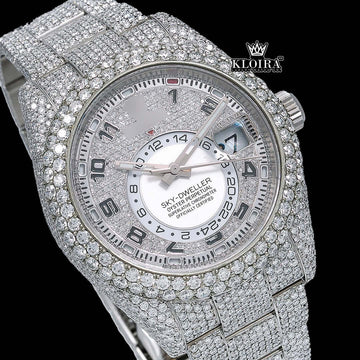 Silver iced out Sky Dweller style watch with 3560 moissanite diamonds and 14K gold plating.