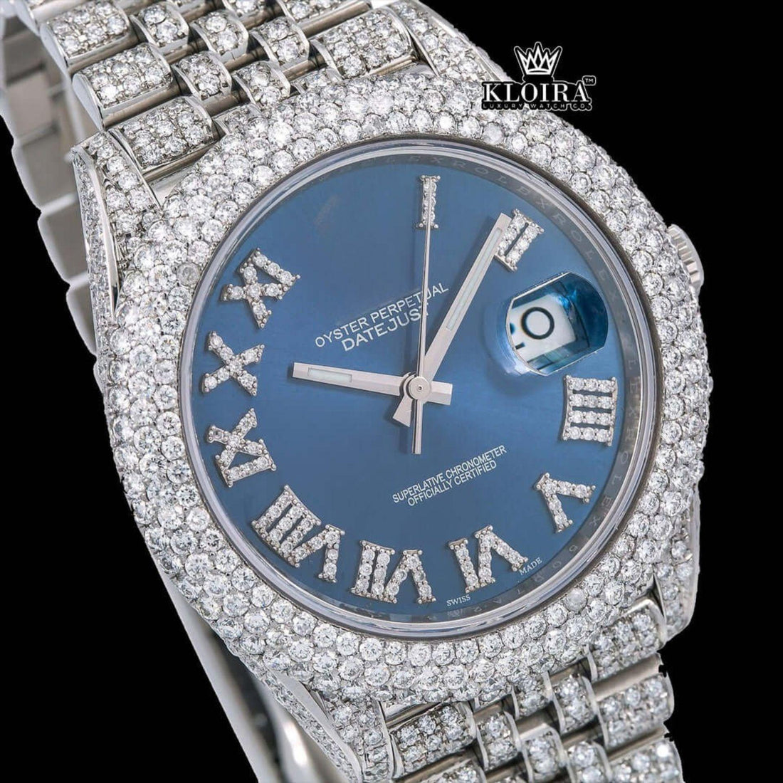 Roman Numerals Blue Dial Diamond Link Strap Fully Iced Out Moissanite Watch Front View