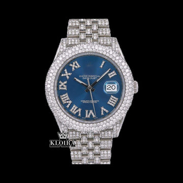 Roman Numerals Blue Dial Diamond Link Strap Fully Iced Out Moissanite Watch Front View