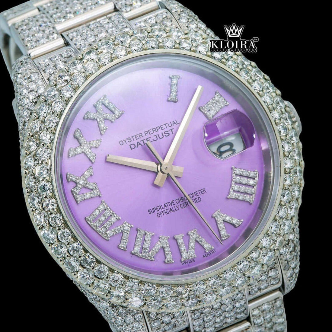 Roman Numerals Lavender Dial Full Iced Out Moissanite Watch Front View
